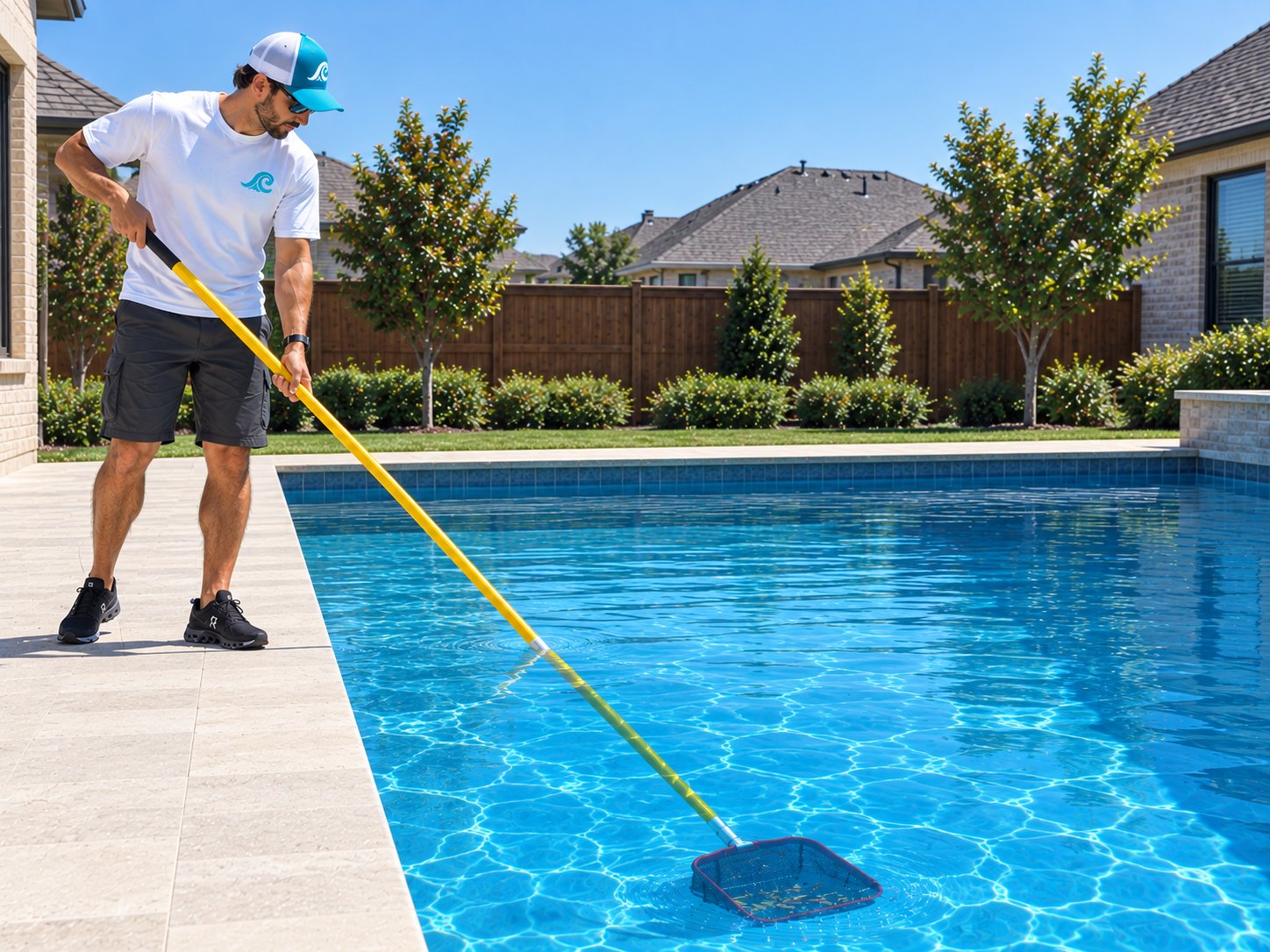 Pool technician skimming a backyard pool